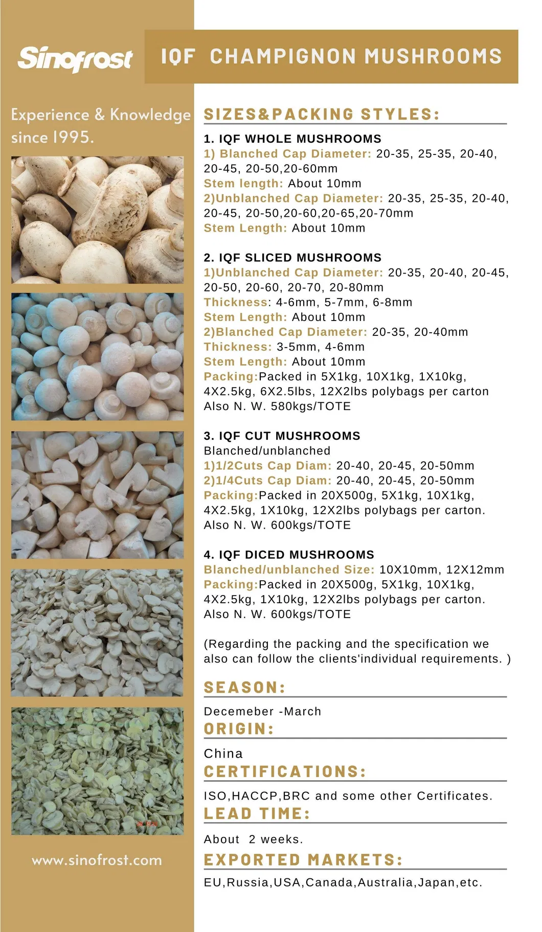 Frozen Boletus Edulis Cuts, IQF Wild Boletus Edulis Cubes, IQF Boletus Edulis Wholes, Frozen Boletus Edulis Wholes, Boletus Edulis Half Cuts, Wild Mushrooms